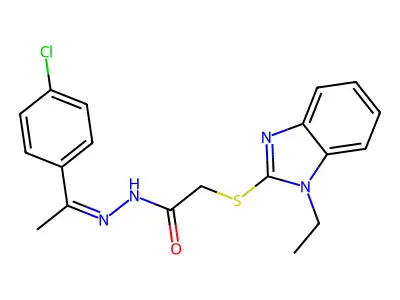 N-[(E)-1-(4-chlorophenyl)ethylideneamino]-2-(1-ethylbenzimidazol-2-yl)sulfanylacetamide structure