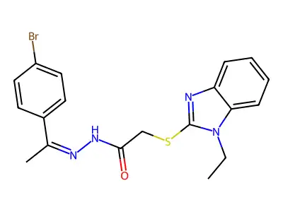 N-[(E)-1-(4-bromophenyl)ethylideneamino]-2-(1-ethylbenzimidazol-2-yl)sulfanylacetamide structure