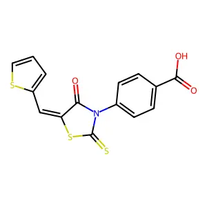 (Z)-4-(4-oxo-5-(thiophen-2-ylmethylene)-2-thioxothiazolidin-3-yl)benzoic acid structure