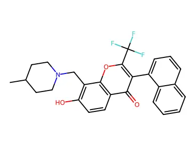 7-hydroxy-8-[(4-methylpiperidyl)methyl]-3-naphthyl-2-(trifluoromethyl)chromen- 4-one structure