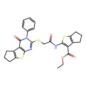 ethyl 2-({[(4-oxo-3-phenyl-3,5,6,7-tetrahydro-4H-cyclopenta[4,5]thieno[2,3-d]pyrimidin-2-yl)thio]acetyl}amino)-5,6-dihydro-4H-cyclopenta[b]thiophene-3-carboxylate structure