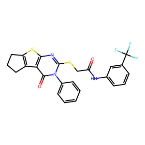 2-[(4-oxo-3-phenyl-3,5,6,7-tetrahydro-4H-cyclopenta[4,5]thieno[2,3-d]pyrimidin-2-yl)sulfanyl]-N-[3-(trifluoromethyl)phenyl]acetamide structure