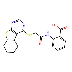 2-(2-{8-thia-4,6-diazatricyclo[7.4.0.0,2,7]trideca-1(9),2,4,6-tetraen-3-ylsulfanyl}acetamido)benzoic acid structure