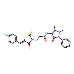 N-(2,3-dimethyl-5-oxo-1-phenyl(3-pyrazolin-4-yl))-3-{5-[(4-fluorophenyl)methyl ene]-4-oxo-2-thioxo(1,3-thiazolidin-3-yl)}propanamide structure