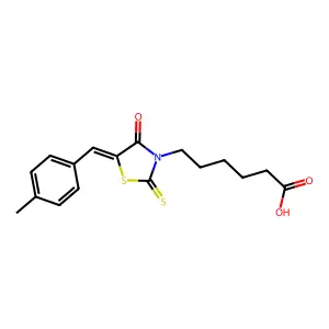 6-[(5Z)-5-[(4-methylphenyl)methylidene]-4-oxo-2-sulfanylidene-1,3-thiazolidin-3-yl]hexanoic acid structure