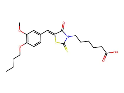 (Z)-6-(5-(4-butoxy-3-methoxybenzylidene)-4-oxo-2-thioxothiazolidin-3-yl)hexanoic acid structure