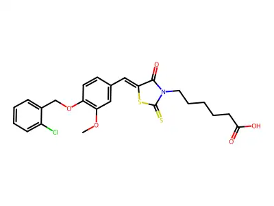 (Z)-6-(5-(4-((2-chlorobenzyl)oxy)-3-methoxybenzylidene)-4-oxo-2-thioxothiazolidin-3-yl)hexanoic acid structure