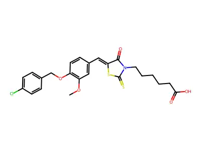 6-(5-(4-(4-chlorobenzyloxy)-3-methoxybenzylidene)-4-oxo-2-thioxothiazolidin-3-yl)hexanoic acid structure