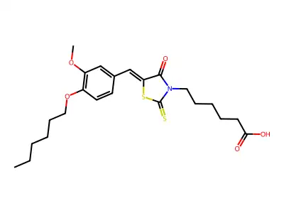 6-{(5Z)-5-[4-(hexyloxy)-3-methoxybenzylidene]-4-oxo-2-thioxo-1,3-thiazolidin-3-yl}hexanoic acid structure