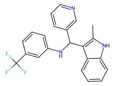 N-[(2-methyl-1H-indol-3-yl)(pyridin-3-yl)methyl]-3-(trifluoromethyl)aniline structure