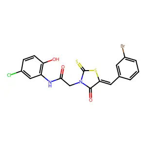 2-[(5E)-5-[(3-bromophenyl)methylidene]-4-oxo-2-sulfanylidene-1,3-thiazolidin-3-yl]-N-(5-chloro-2-hydroxyphenyl)acetamide structure