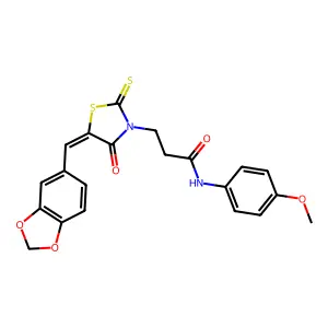 3-[(5Z)-5-(1,3-benzodioxol-5-ylmethylidene)-4-oxo-2-thioxo-1,3-thiazolidin-3-yl]-N-(4-methoxyphenyl)propanamide structure