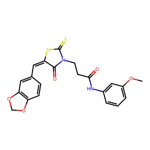 3-[(5Z)-5-(1,3-benzodioxol-5-ylmethylidene)-4-oxo-2-thioxo-1,3-thiazolidin-3-yl]-N-(3-methoxyphenyl)propanamide structure