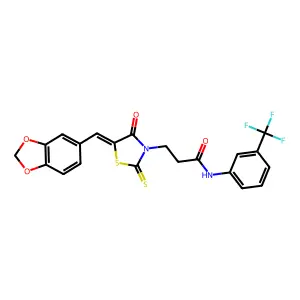 3-[(5Z)-5-(1,3-benzodioxol-5-ylmethylidene)-4-oxo-2-thioxo-1,3-thiazolidin-3-yl]-N-[3-(trifluoromethyl)phenyl]propanamide structure