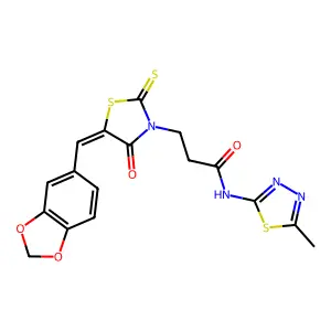 3-[(5Z)-5-(1,3-benzodioxol-5-ylmethylidene)-4-oxo-2-thioxo-1,3-thiazolidin-3-yl]-N-(5-methyl-1,3,4-thiadiazol-2-yl)propanamide structure
