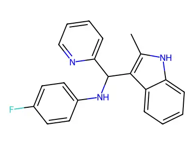4-fluoro-N-((2-methyl-1H-indol-3-yl)(pyridin-2-yl)methyl)aniline structure