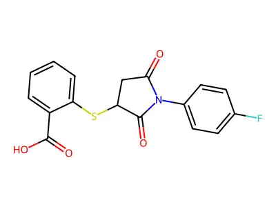 2-{[1-(4-Fluorophenyl)-2,5-dioxopyrrolidin-3-yl]sulfanyl}benzoic acid structure