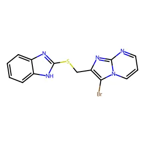 2-(((1H-benzo[d]imidazol-2-yl)thio)methyl)-3-bromoimidazo[1,2-a]pyrimidine structure