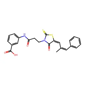 3-[(3-{5-[(1E,2E)-2-methyl-3-phenylprop-2-enylidene]-4-oxo-2-thioxo-1,3-thiazol-3-yl}propanoyl)amino]benzoic acid structure