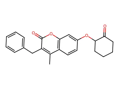 3-benzyl-4-methyl-7-[(2-oxocyclohexyl)oxy]-2H-chromen-2-one structure