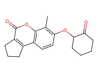 6-methyl-7-(2-oxocyclohexyl)oxy-2,3-dihydro-1H-cyclopenta[c]chromen-4-one structure