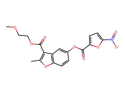 2-Methoxyethyl 2-methyl-5-((5-nitrofuran-2-carbonyl)oxy)benzofuran-3-carboxylate structure