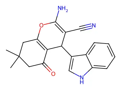2-amino-4-(1H-indol-3-yl)-7,7-dimethyl-5-oxo-5,6,7,8-tetrahydro-4H-chromene-3-carbonitrile structure