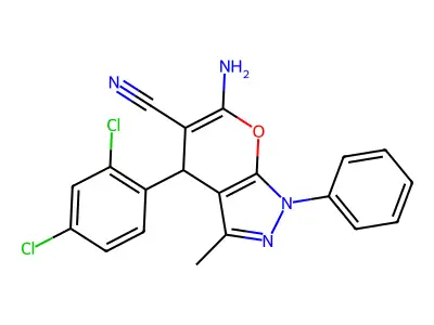 6-amino-4-(2,4-dichlorophenyl)-3-methyl-1-phenyl-1,4-dihydropyrano[2,3-c]pyrazole-5-carbonitrile structure
