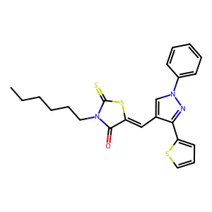 3-Hexyl-5-((1-phenyl-3-(thiophen-2-yl)-1H-pyrazol-4-yl)methylene)-2-thioxothiazolidin-4-one structure