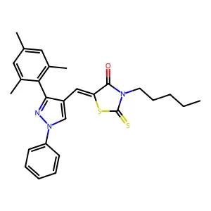 (5E)-5-[(3-mesityl-1-phenyl-1H-pyrazol-4-yl)methylene]-3-pentyl-2-thioxo-1,3-thiazolidin-4-one structure
