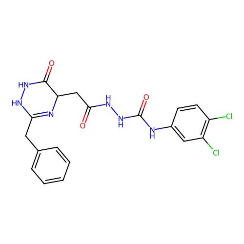 1-[[2-(3-benzyl-6-oxo-2,5-dihydro-1H-1,2,4-triazin-5-yl)acetyl]amino]-3-(3,4-dichlorophenyl)urea structure