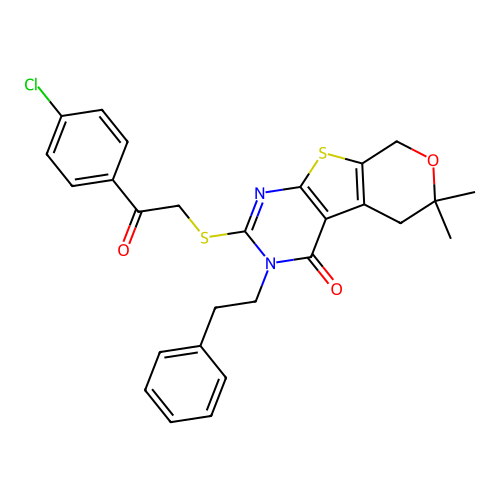 2-((2-(4-chlorophenyl)-2-oxoethyl)thio)-6,6-dimethyl-3-phenethyl-5,6-dihydro-3H-pyrano[4',3':4,5]thieno[2,3-d]pyrimidin-4(8H)-one structure