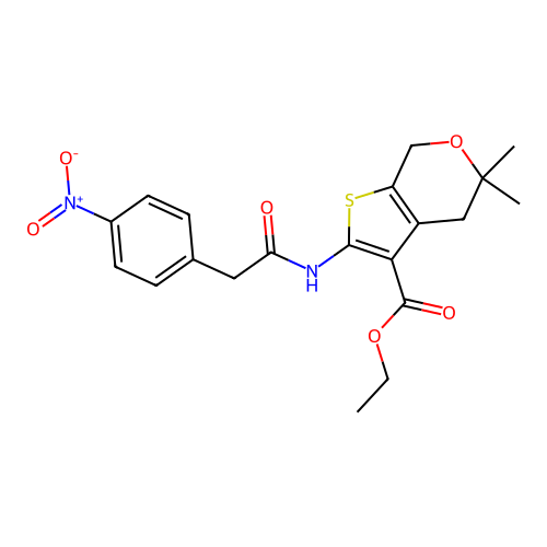ethyl 5,5-dimethyl-2-(2-(4-nitrophenyl)acetamido)-5,7-dihydro-4H-thieno[2,3-c]pyran-3-carboxylate structure