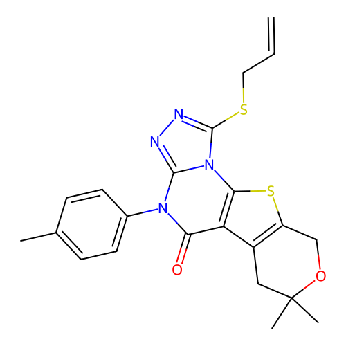 1-(allylthio)-7,7-dimethyl-4-(p-tolyl)-6,7-dihydro-4H-pyrano[4',3':4,5]thieno[3,2-e][1,2,4]triazolo[4,3-a]pyrimidin-5(9H)-one structure