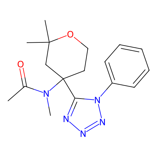 N-[2,2-dimethyl-4-(1-phenyltetrazol-5-yl)oxan-4-yl]-N-methylacetamide structure