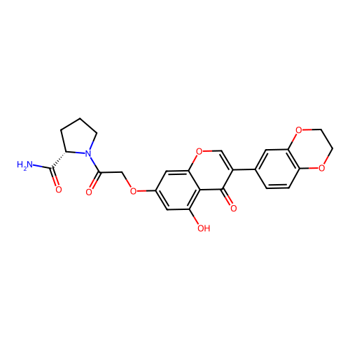 (2S)-1-[2-[3-(2,3-dihydro-1,4-benzodioxin-6-yl)-5-hydroxy-4-oxochromen-7-yl]oxyacetyl]pyrrolidine-2-carboxamide structure