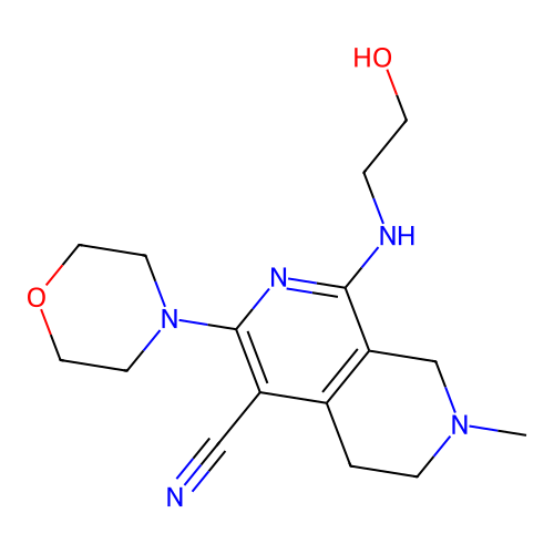 1-(2-hydroxyethylamino)-7-methyl-3-morpholin-4-yl-6,8-dihydro-5H-2,7-naphthyridine-4-carbonitrile structure