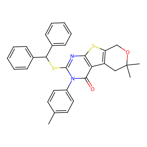 2-(benzhydrylthio)-6,6-dimethyl-3-(p-tolyl)-5,6-dihydro-3H-pyrano[4',3':4,5]thieno[2,3-d]pyrimidin-4(8H)-one structure