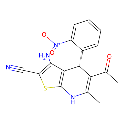 (4R)-5-acetyl-3-amino-6-methyl-4-(2-nitrophenyl)-4,7-dihydrothieno[2,3-b]pyridine-2-carbonitrile structure