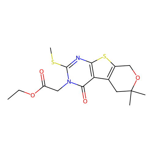 ethyl [6,6-dimethyl-2-(methylsulfanyl)-4-oxo-5,8-dihydro-4H-pyrano[4',3':4,5]thieno[2,3-d]pyrimidin-3(6H)-yl]acetate structure