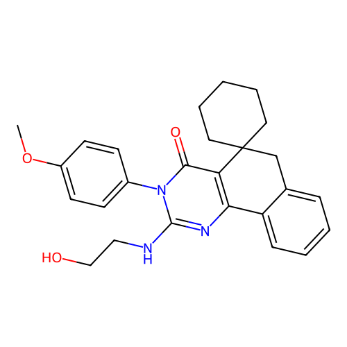2-((2-hydroxyethyl)amino)-3-(4-methoxyphenyl)-3H-spiro[benzo[h]quinazoline-5,1'-cyclohexan]-4(6H)-one structure