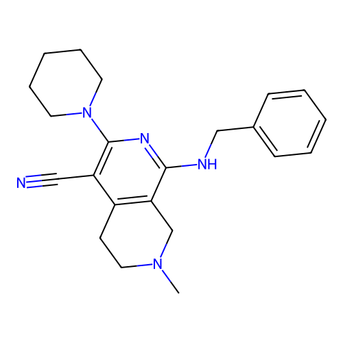 1-(benzylamino)-7-methyl-3-piperidin-1-yl-6,8-dihydro-5H-2,7-naphthyridine-4-carbonitrile structure
