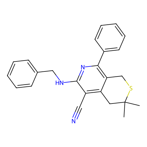 6-(benzylamino)-3,3-dimethyl-8-phenyl-3,4-dihydro-1H-thiopyrano[3,4-c]pyridine-5-carbonitrile structure