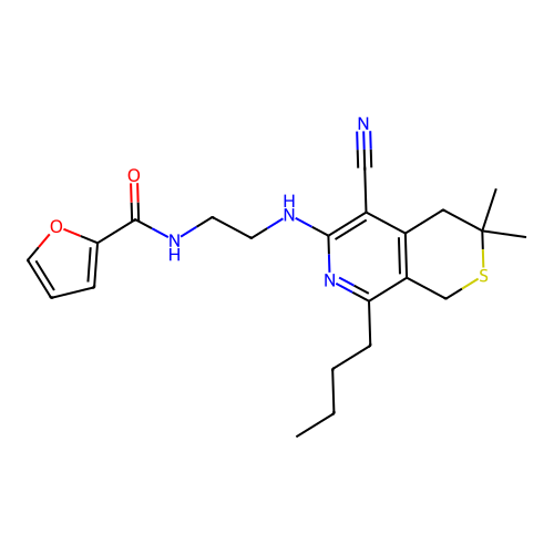 N-[2-[(8-butyl-5-cyano-3,3-dimethyl-1,4-dihydrothiopyrano[3,4-c]pyridin-6-yl)amino]ethyl]furan-2-carboxamide structure