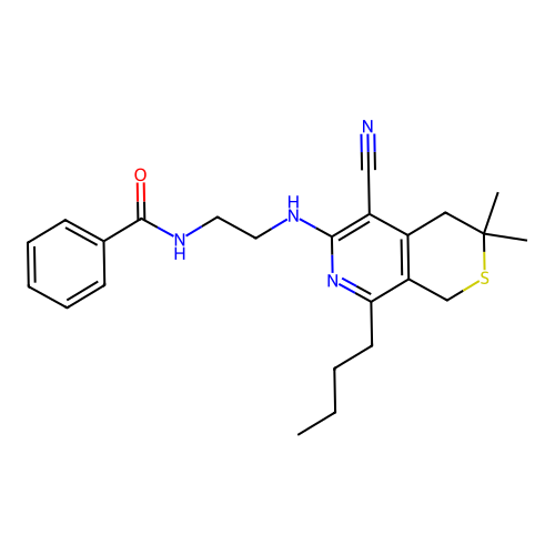 N-(2-((8-butyl-5-cyano-3,3-dimethyl-3,4-dihydro-1H-thiopyrano[3,4-c]pyridin-6-yl)amino)ethyl)benzamide structure