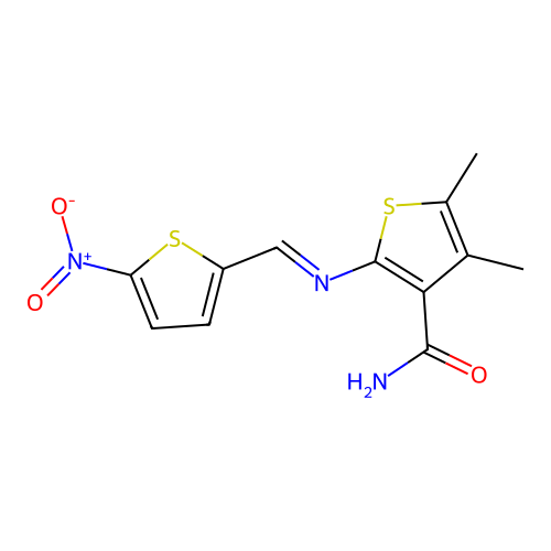 2-[(1E)-2-(5-nitro(2-thienyl))-1-azavinyl]-4,5-dimethylthiophene-3-carboxamide structure