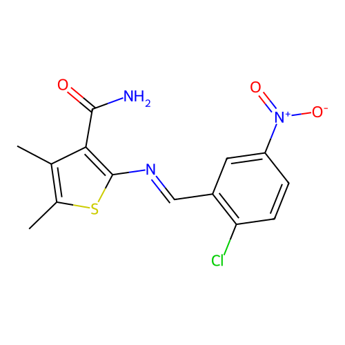 2-({2-Chloro-5-nitrobenzylidene}amino)-4,5-dimethyl-3-thiophenecarboxamide structure