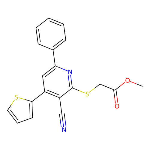 Methyl 2-(3-cyano-6-phenyl-4-thiophen-2-ylpyridin-2-yl)sulfanylacetate structure