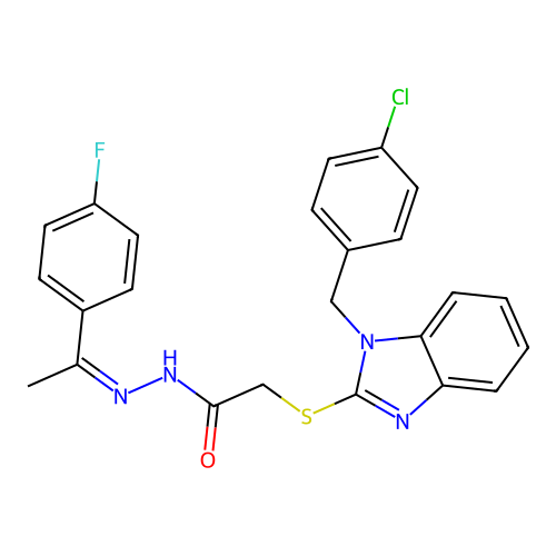 (Z)-2-((1-(4-chlorobenzyl)-1H-benzo[d]imidazol-2-yl)thio)-N'-(1-(4-fluorophenyl)ethylidene)acetohydrazide structure