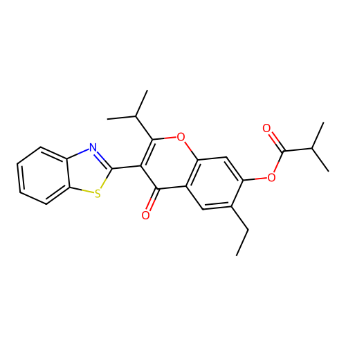 (3-benzothiazol-2-yl-6-ethyl-4-oxo-2-propan-2-yl-chromen-7-yl) 2-methylpropanoate structure